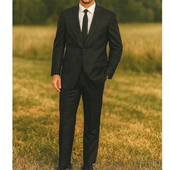 Hart Schaffner Marx 2-Piece Suit Mens 42R Black Check 2 Button Blazer 37x27 Pant